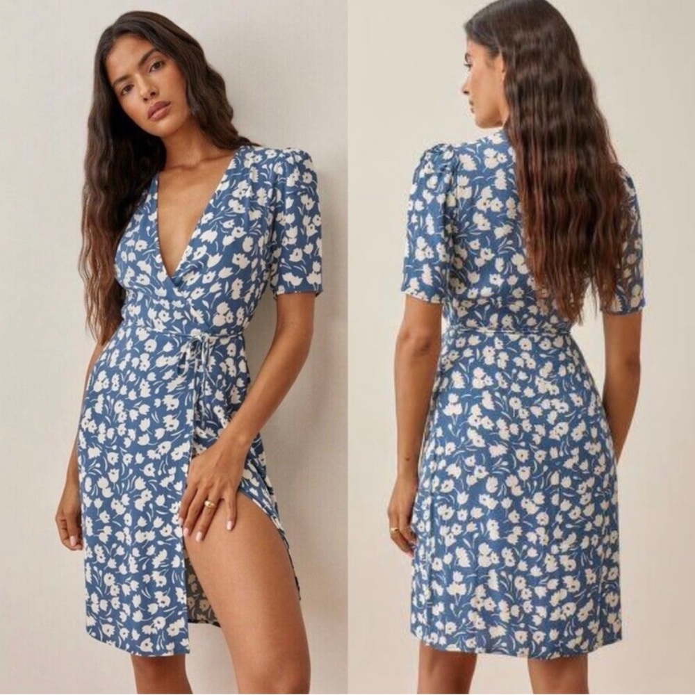 Reformation Blue Floral Wrap Dress